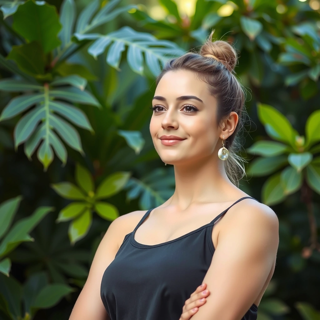 Portrait of a serene yoga instructor, female, with a welcoming expression, surrounded by lush greenery.