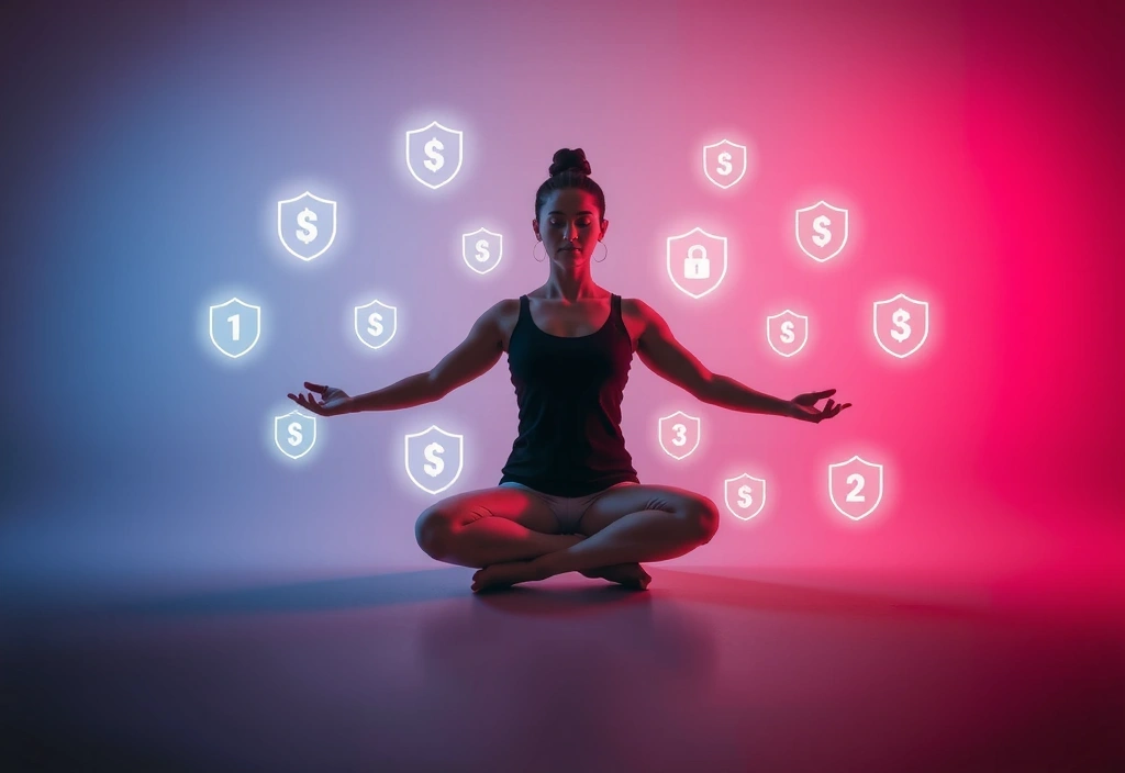 Person meditating with digital privacy shields surrounding them